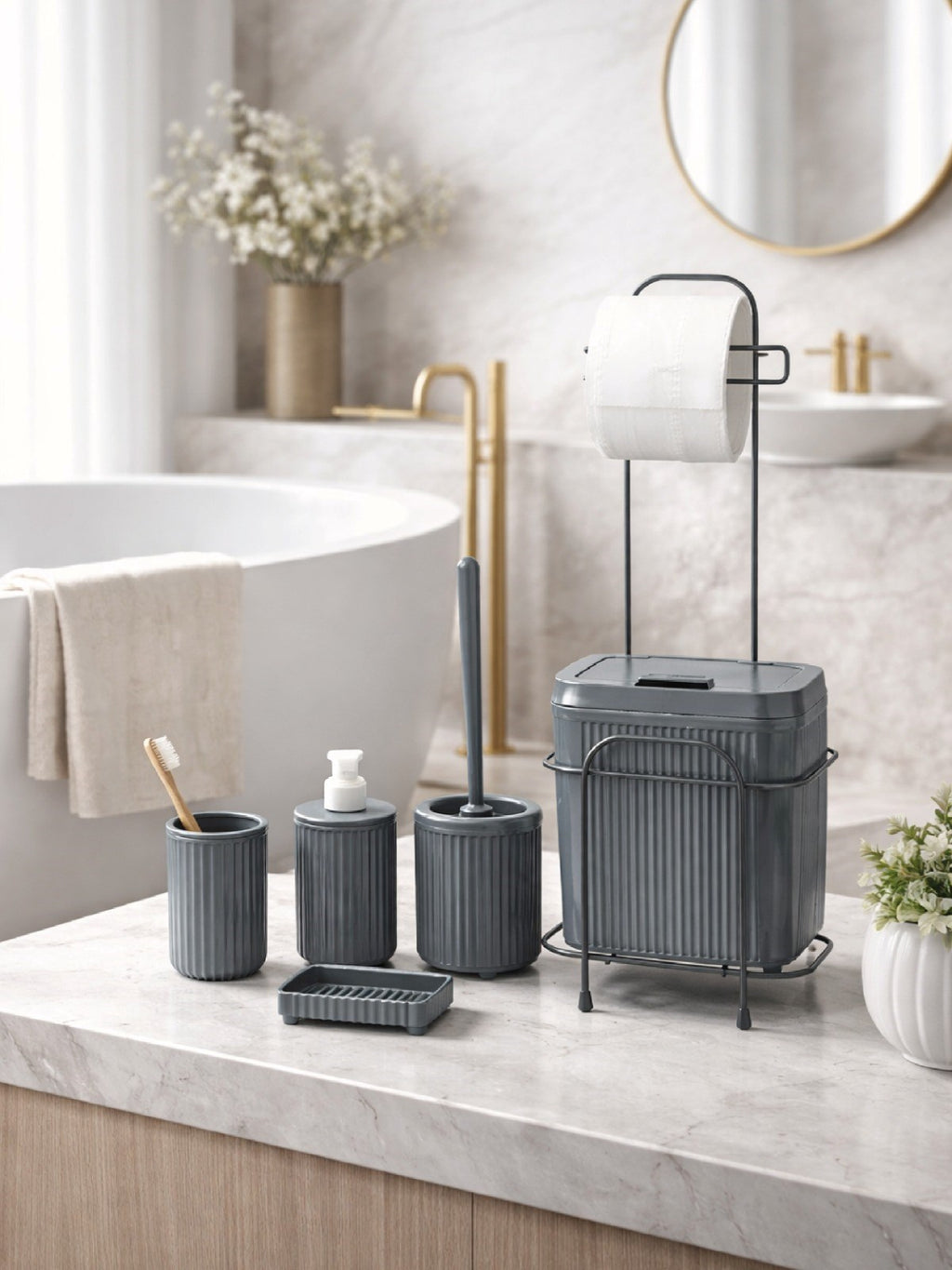 Decorev STANDLI BANYO SETİ DC-6806 ECO 5 PRÇ GRİ – Banyo Setleri