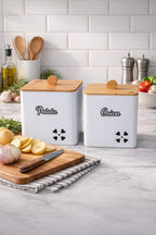 Bambu Kapaklı Kare Metal Patates Soğanlık Decorev Beyaz DC 7101