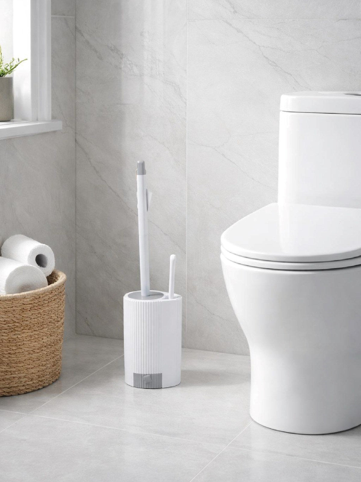 Modern Çizgili Tuvalet Fırçası ve Standı – Kapalı Hazneli, Şık WC Fırçası Seti VICHY-7039 – Tuvalet Fırçası
