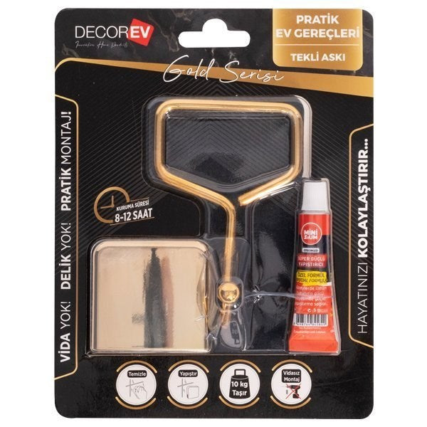 Dekoratif Yapıştırmalı Banyo Mutfak Metal Tekli Kancalı Askı Gold vidasız pratik montaj Dc-5065