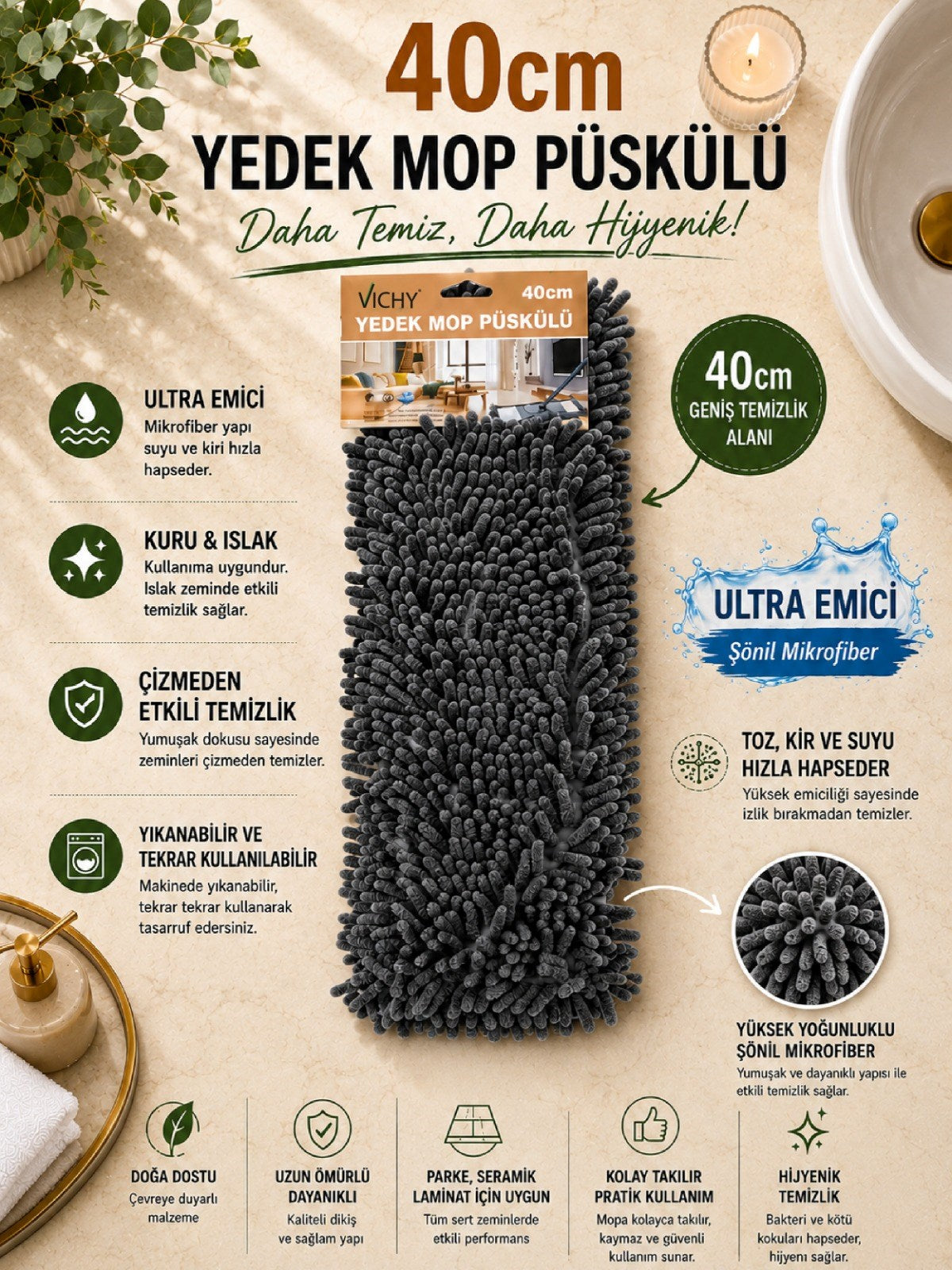 Yedek Mop Püskülü 40 Cm Şönil Mikrofiber Mop Başlığı Ultra Emici Yıkanabilir Bez VICHY-7035 