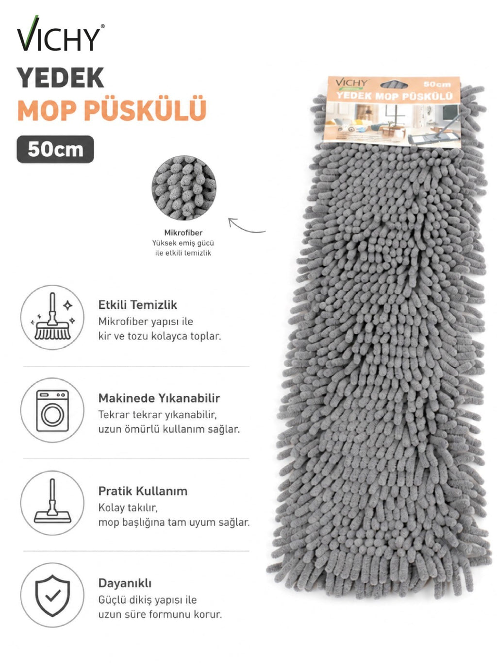 50 Cm Yedek Mop Püskülü Şönil Mikrofiber Makarna Mop Bezi Islak Kuru Kullanım Uyumlu VICHY-7036 