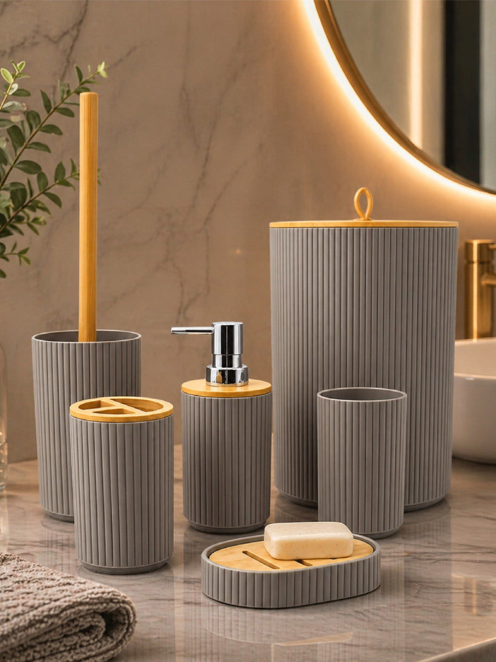 6’lı Banyo Seti Sabunluk Diş Fırçalık Sıvı Sabunluk Çöp Kovası Tuvalet Fırçası Organizer
