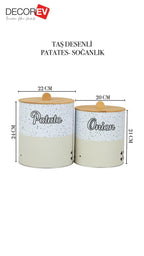 Bambu Kapaklı Metal Patates Soğanlık Krem Taş Desenli Decorev DC 7099
