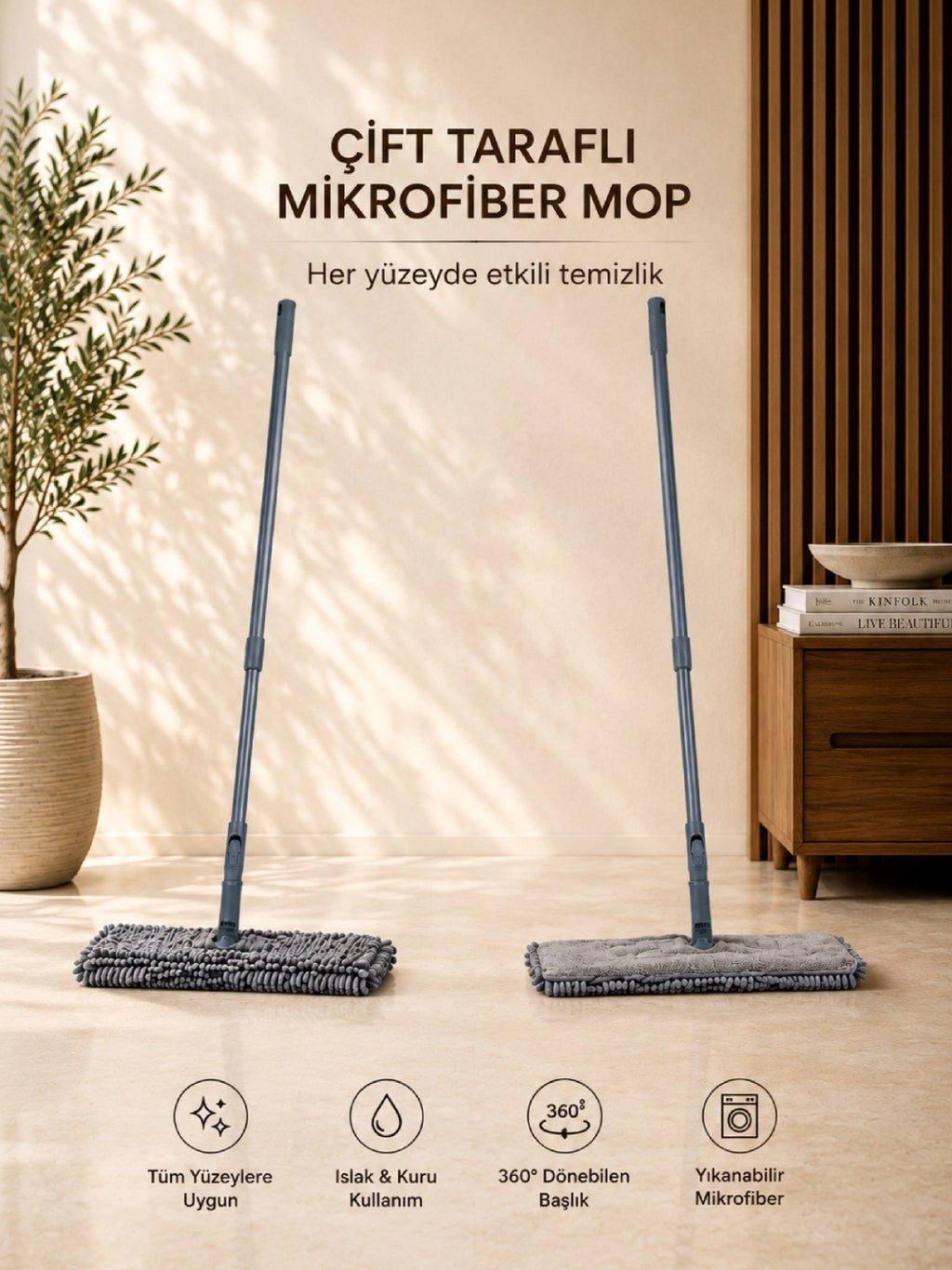 Çift Taraflı Mikrofiber Makarna Mop 360° Döner Başlıklı Islak Kuru Temizlik Mopu Yıkanabilir Bezli VICHY-7029  40CM HAREKETLİ