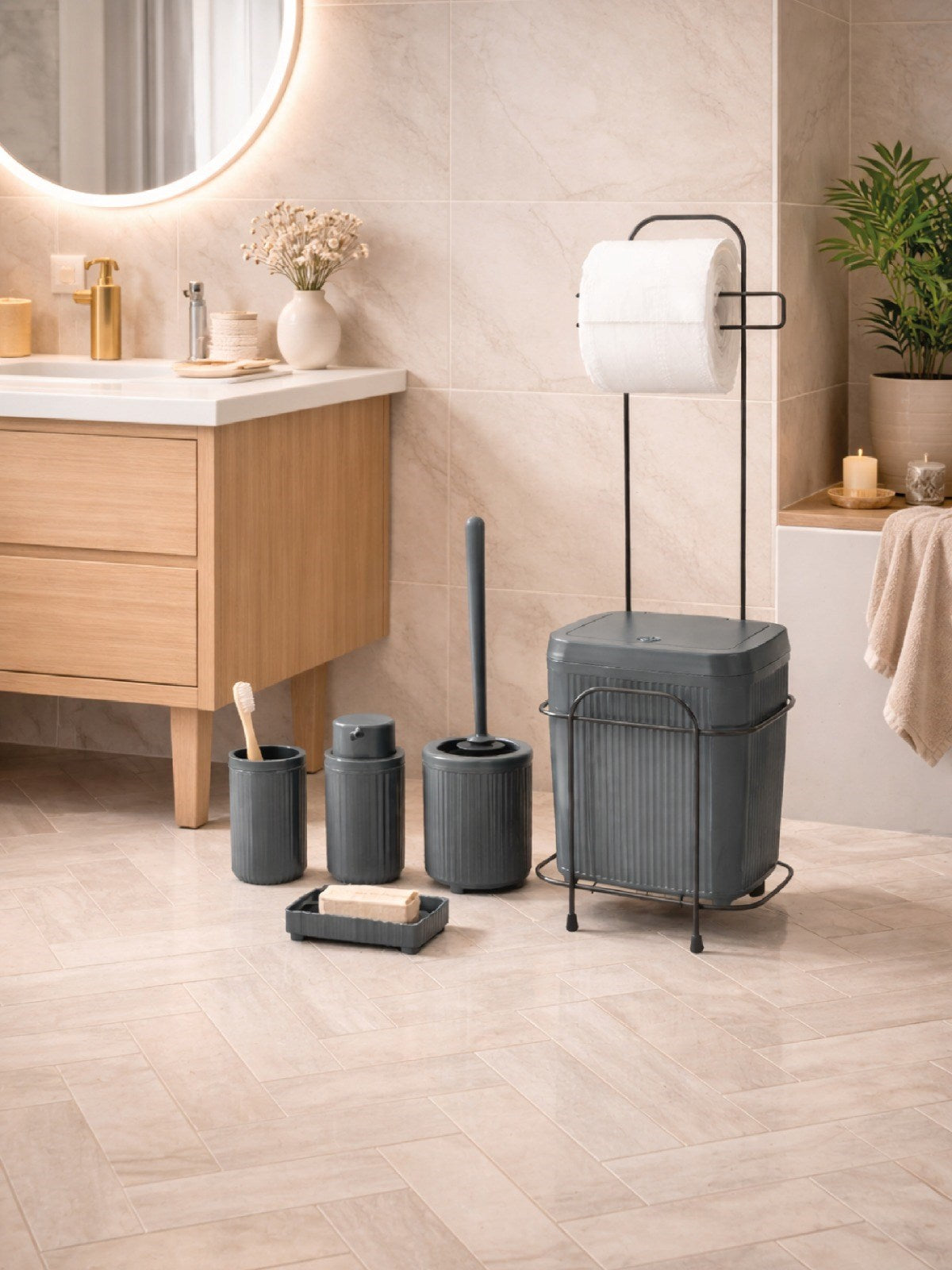 DECOREV  STANDLI BANYO SETİ DC-6804 LÜKS 5 PRÇ CLİCK KAPAKK GRİ