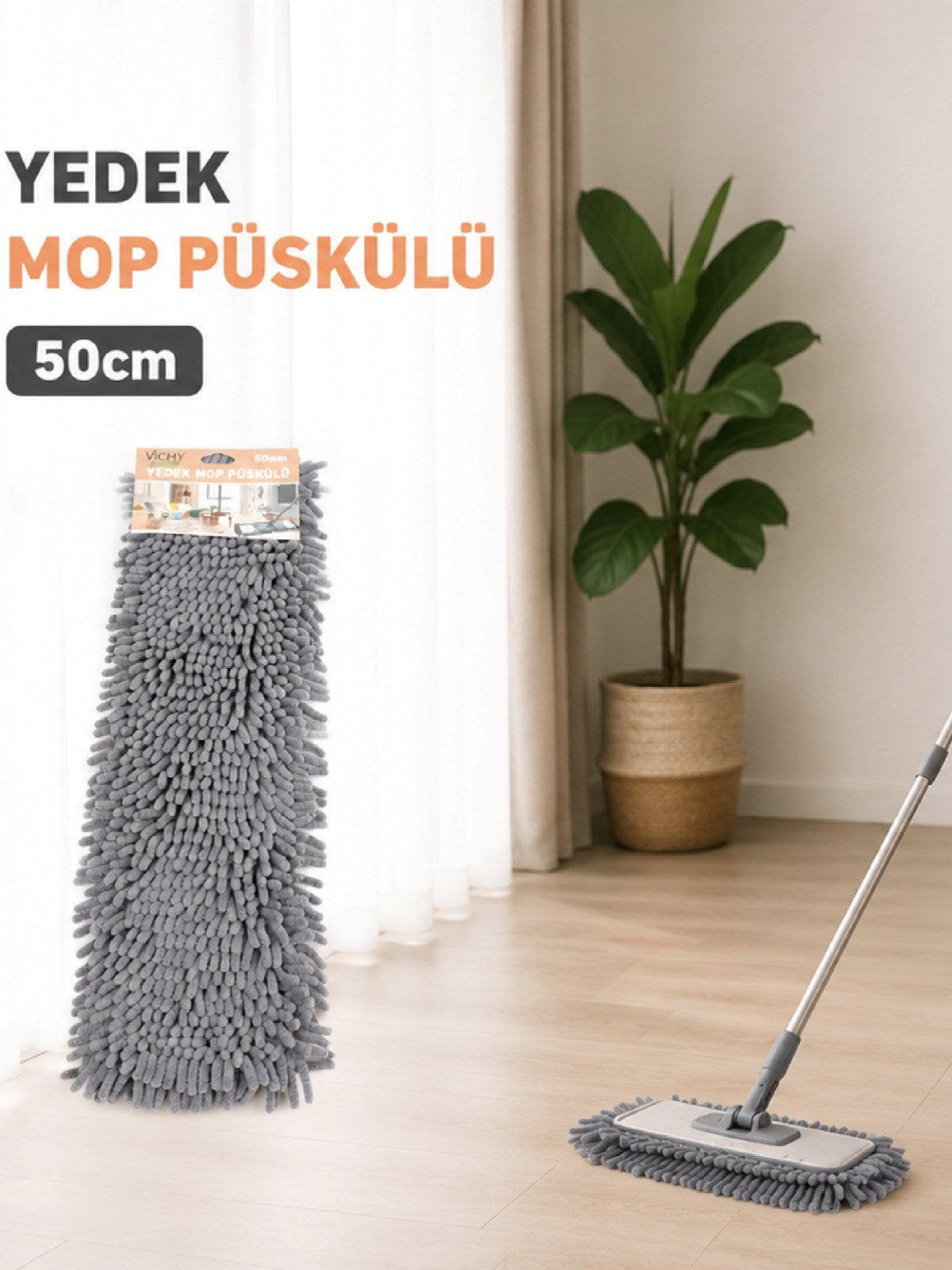 50 Cm Yedek Mop Püskülü Şönil Mikrofiber Makarna Mop Bezi Islak Kuru Kullanım Uyumlu VICHY-7036 