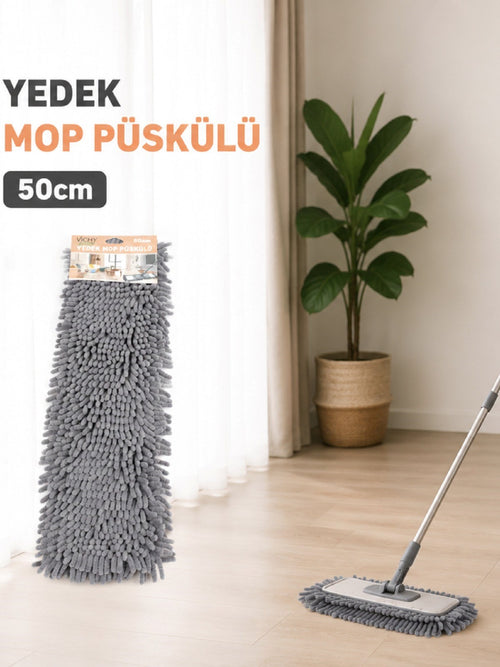 50 Cm Yedek Mop Püskülü Şönil Mikrofiber Makarna Mop Bezi Islak Kuru Kullanım Uyumlu VICHY-7036 