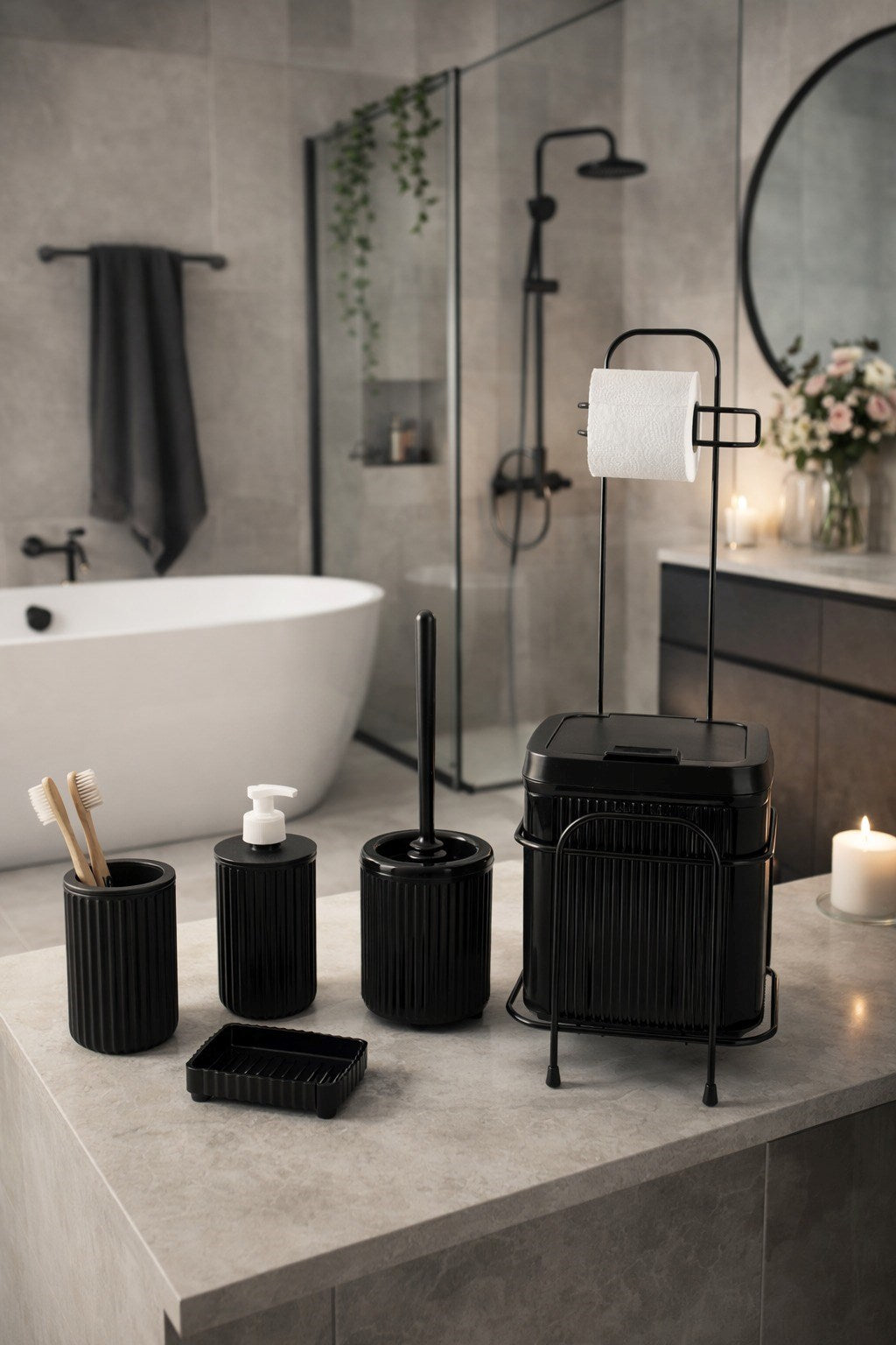 6'LI KARE STANDLI SİYAH BANYO SETİ ECO DC-6807