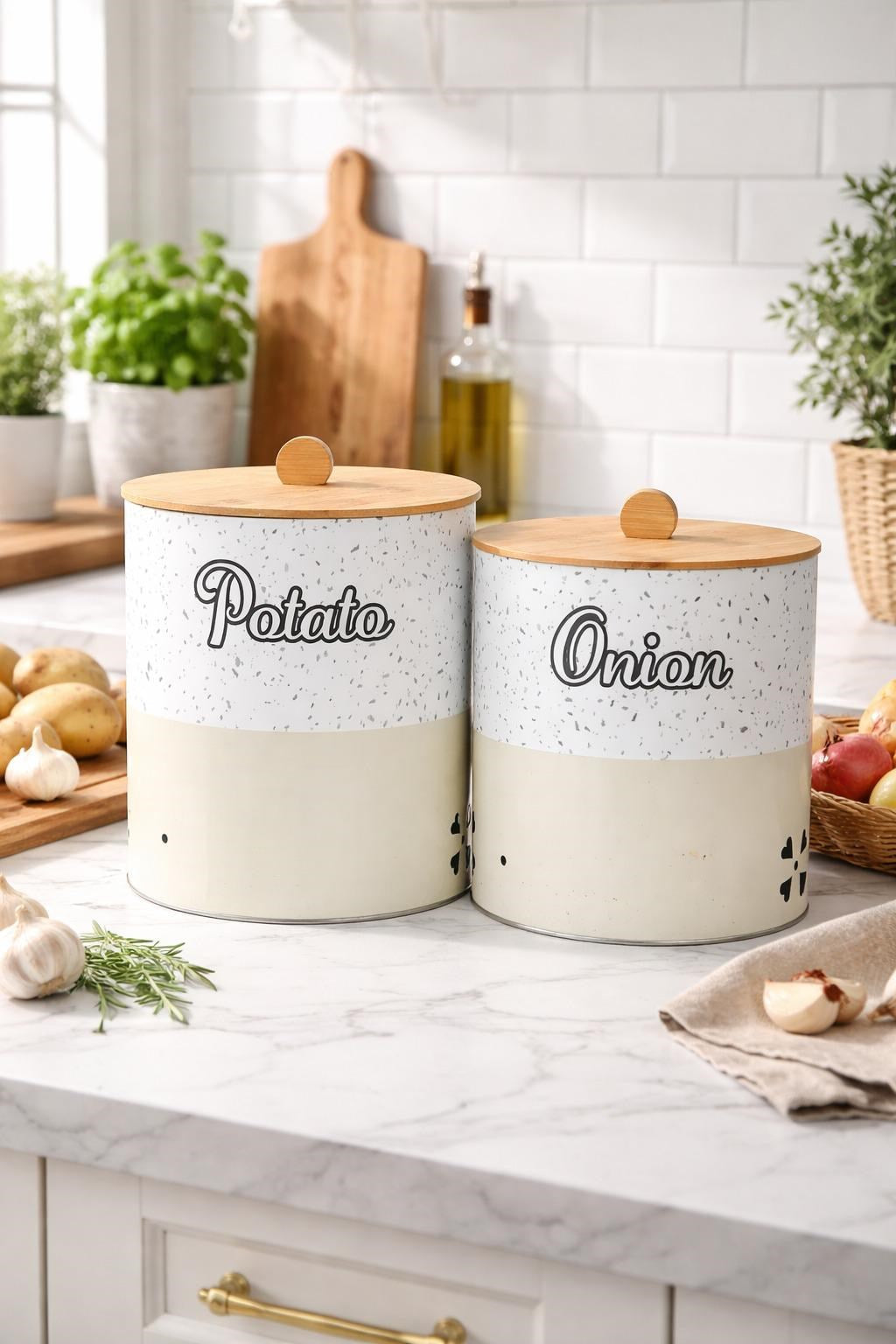 Bambu Kapaklı Metal Patates Soğanlık Krem Taş Desenli Decorev DC 7099