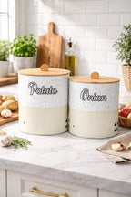 Bambu Kapaklı Metal Patates Soğanlık Krem Taş Desenli Decorev DC 7099