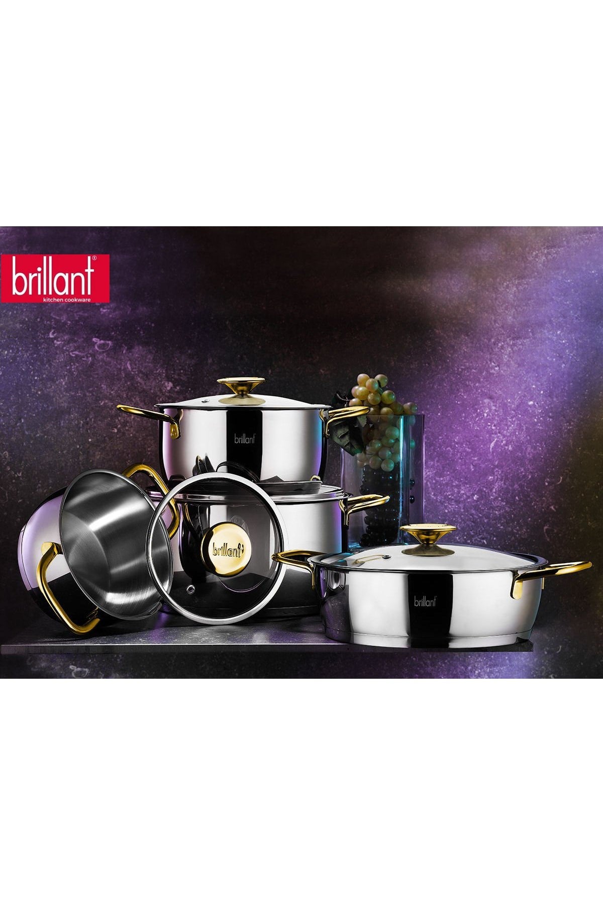 Brillant Auva Paslanmaz Çelik, 0,70mm Gövde Kalınlığında 8 Parça Gold Kulp Çelik Tencere Seti-tn-5882 – Tencere