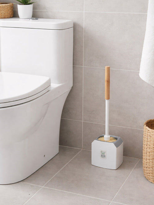 Ahşap Saplı Köşeli Tuvalet Fırçası ve Standı – Modern, Açık Hazneli WC Fırçası VICHY-7044 – Tuvalet Fırçası