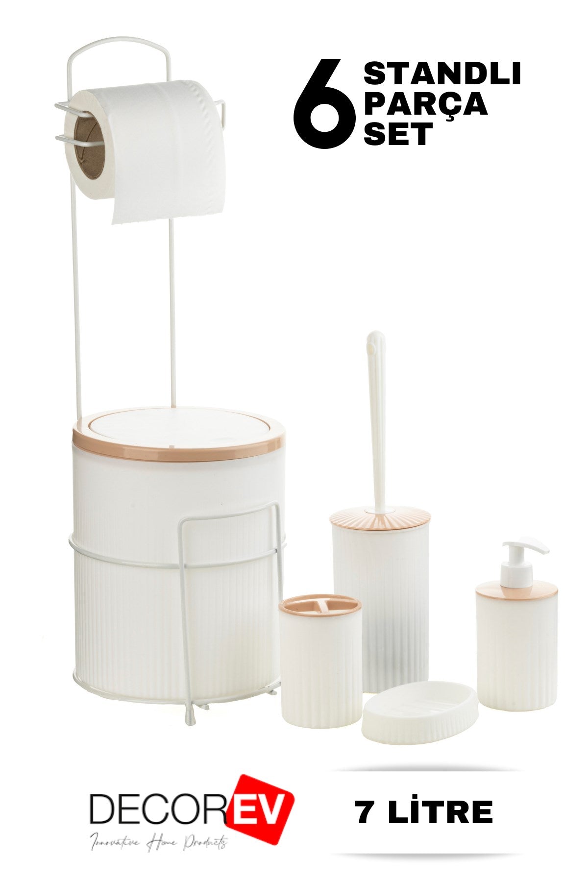 Büyük Banyo Standlı 6'lı WC Seti 7 Litre Çöp Kovası,Beyaz – Banyo Setleri