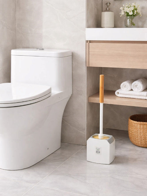 Ahşap Saplı Köşeli Tuvalet Fırçası ve Standı – Modern, Açık Hazneli WC Fırçası VICHY-7044