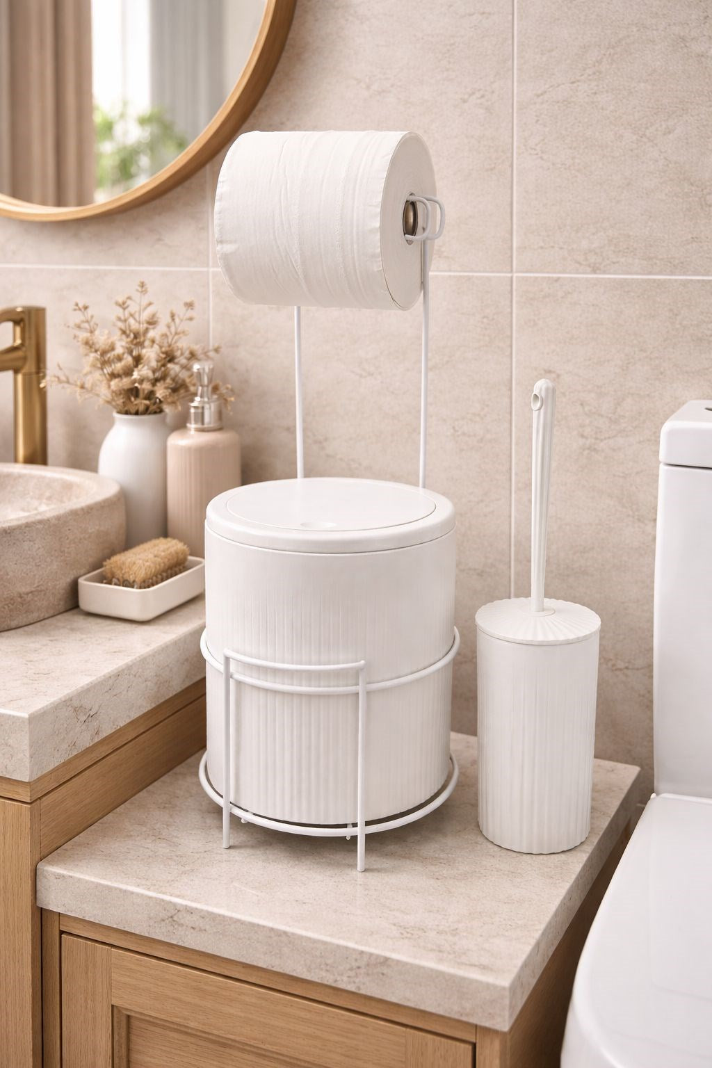 Modern Banyo Seti – Kapaklı Çöp Kovası, Tuvalet Kağıtlığı ve WC Fırçası | Minimal Tasarım