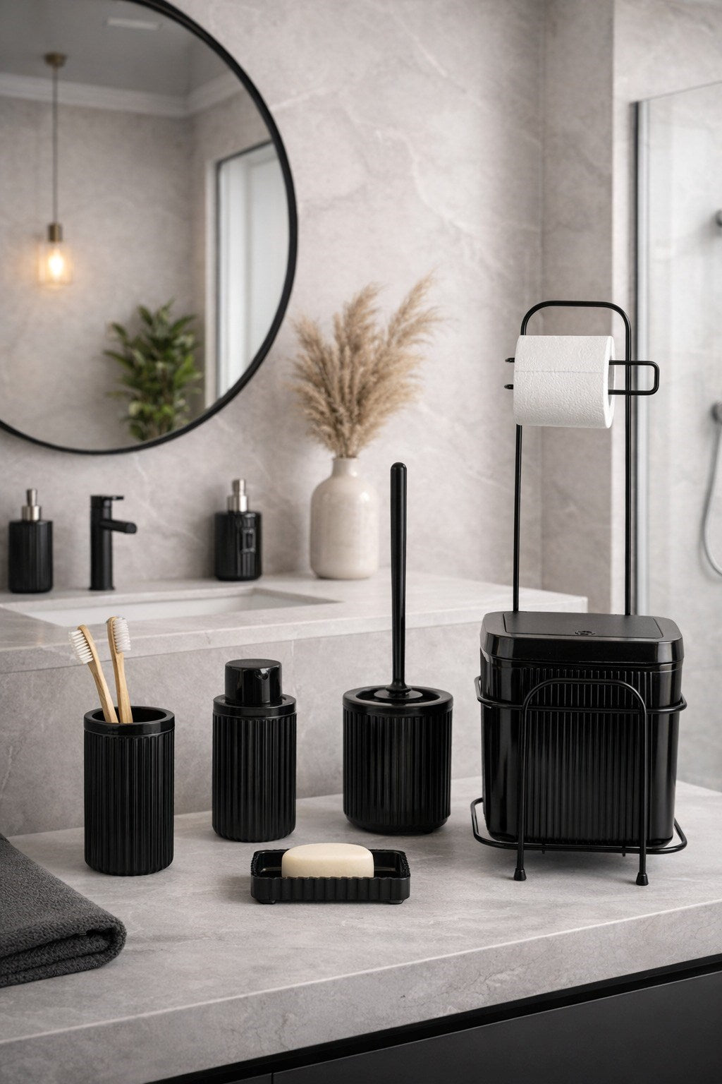 6'LI KARE  STANDLI CLICK K. SİYAH BANYO SETİ DC-6805