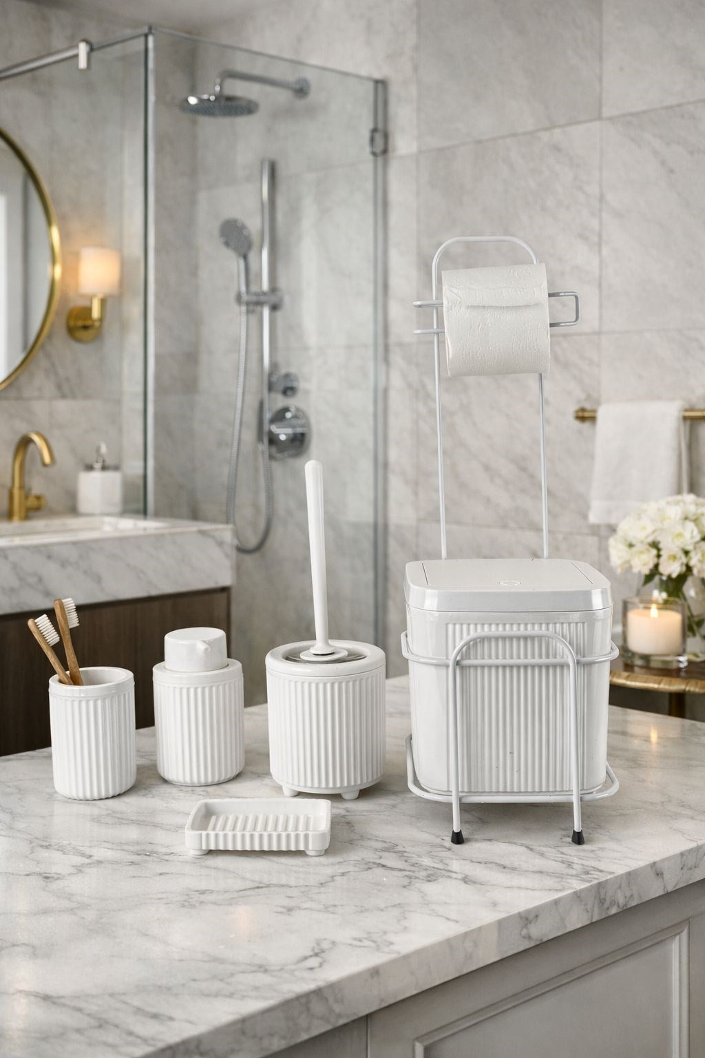6'LI KARE STANDLI CLICK K. BEYAZ BANYO SETİ DC-6803 – Banyo Setleri