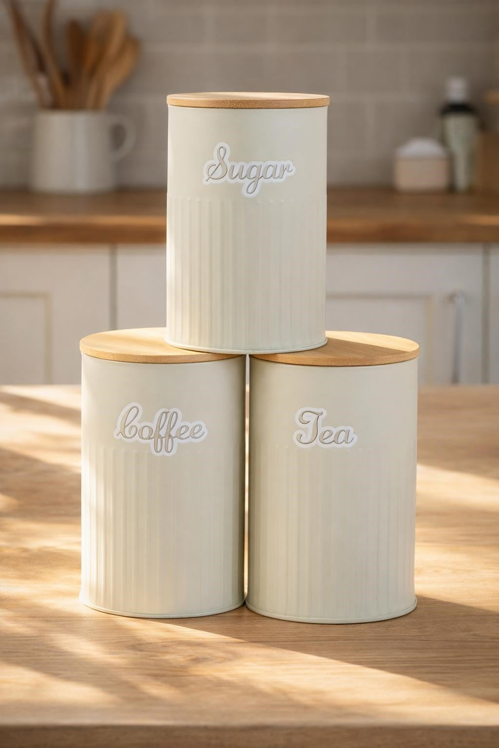 Bambu Kapaklı Metal Çay Kahve Şeker Kavanoz Seti  