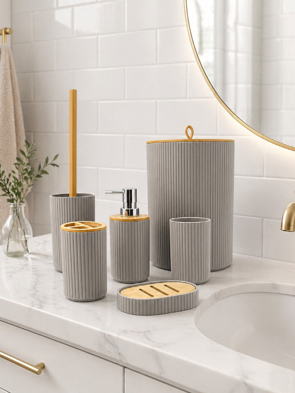6’lı Banyo Seti Sabunluk Diş Fırçalık Sıvı Sabunluk Çöp Kovası Tuvalet Fırçası Organizer