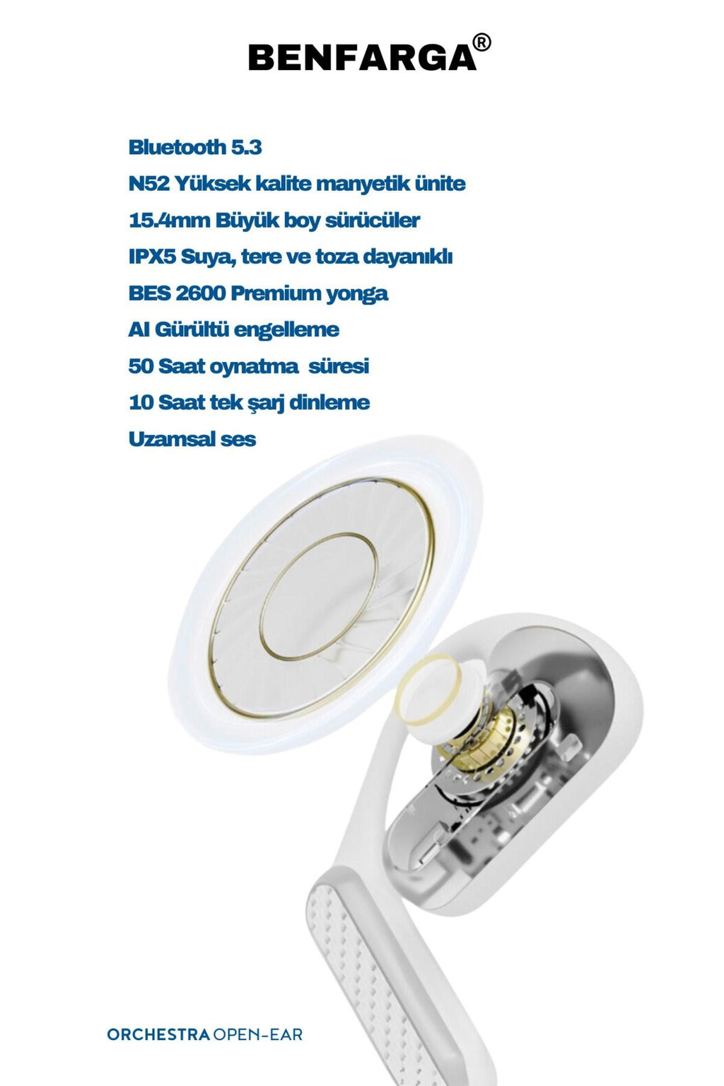Orchestra Bluetooth Kablosuz Kulaklık, 50 Saat Oynatma Süresi, Bluetooth 5.3, Ku