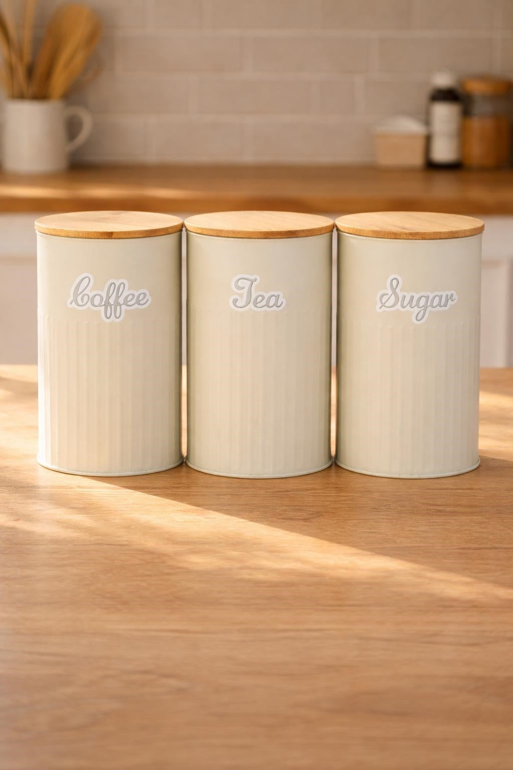 Bambu Kapaklı Metal Çay Kahve Şeker Kavanoz Seti  