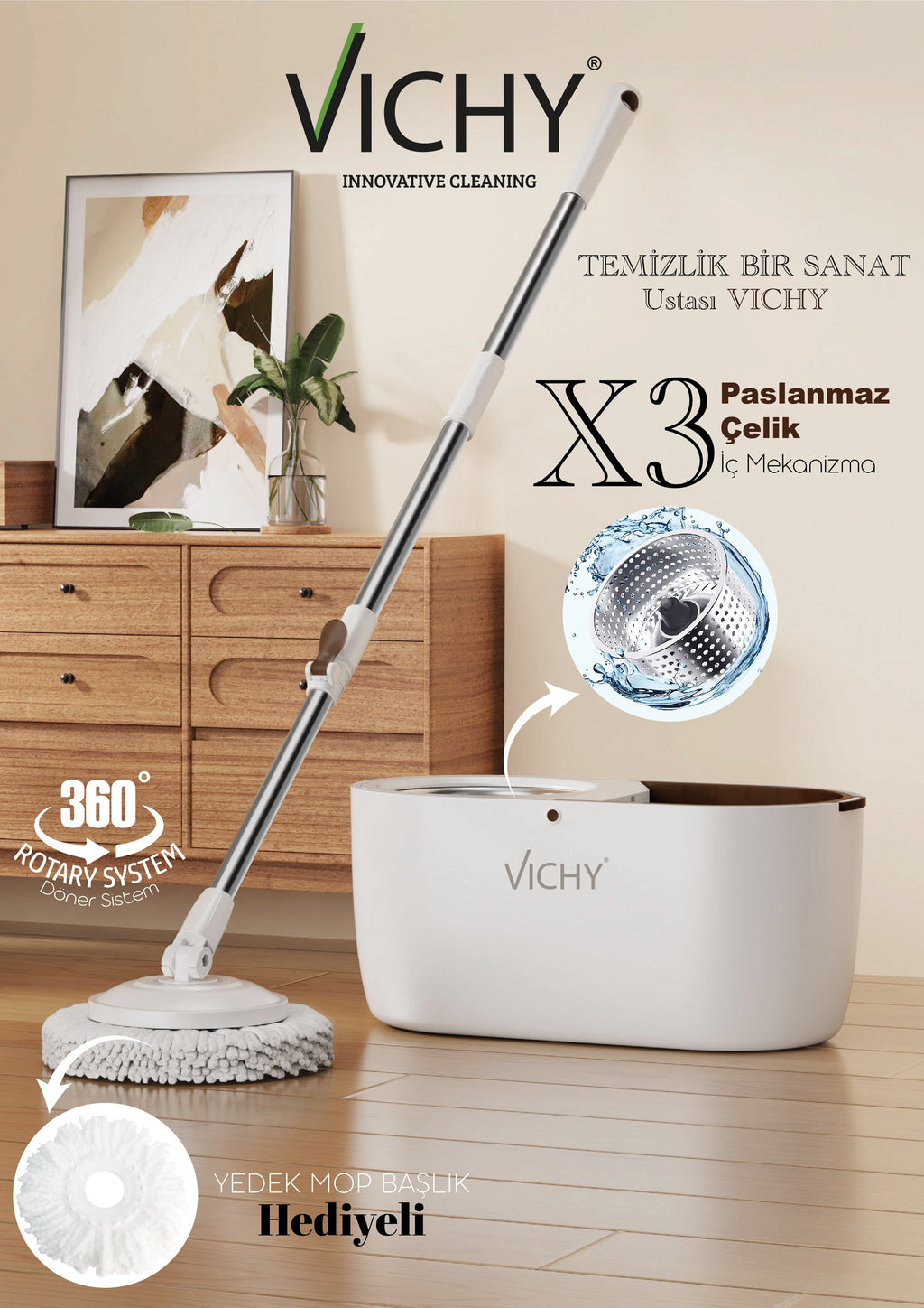 VICHY TEMİZLİK SETİ VCH-6675 X3 DÖNER BAŞLIKLI x6 – Paspas ve Mop